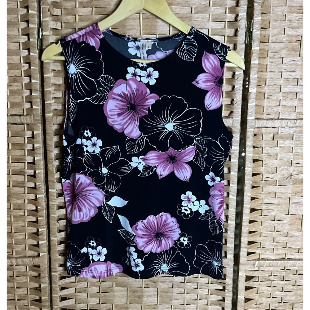 Susan Lawrence Black Floral Sleeveless Top Women's Size‎ L Layering